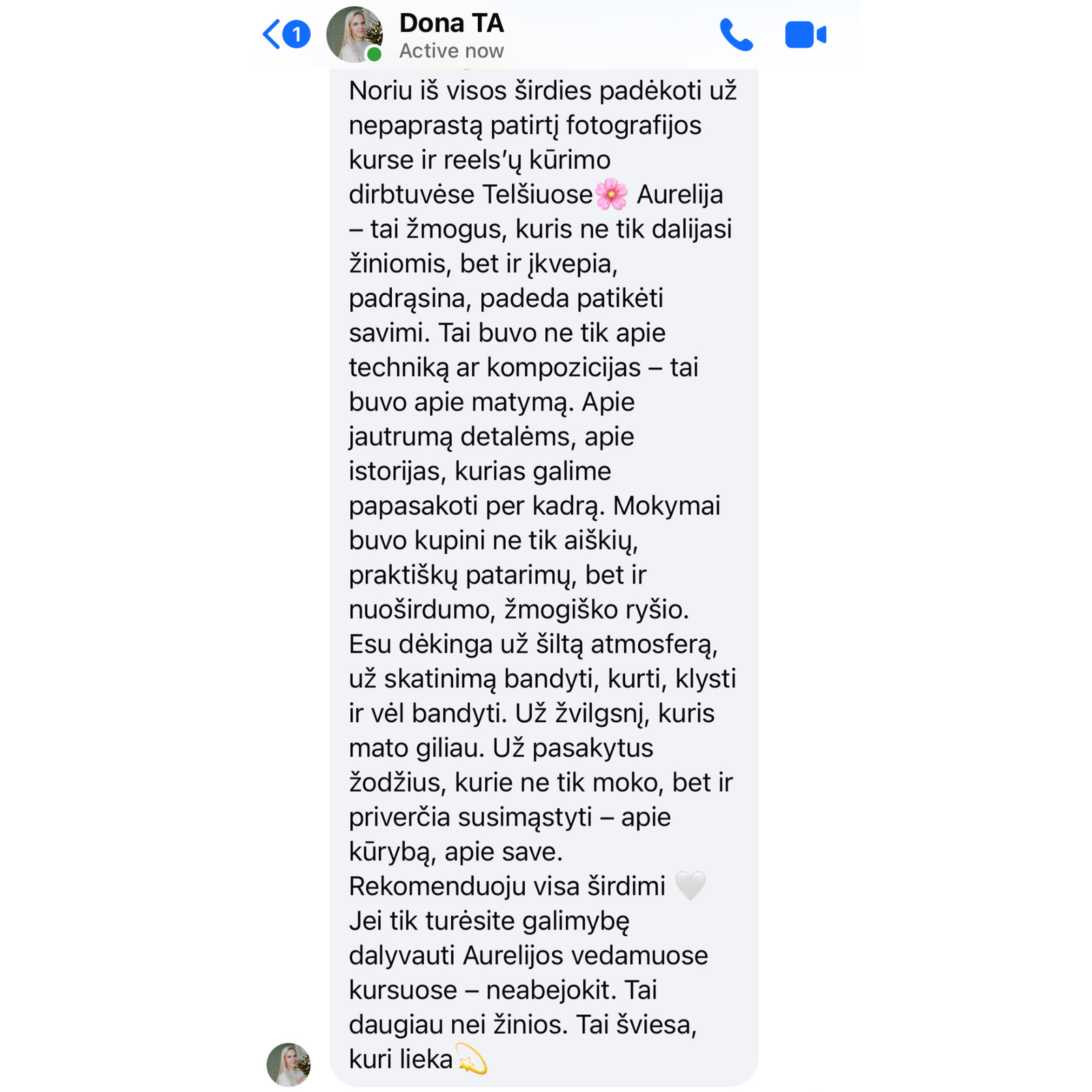 Kurso dalyvės atsiliepimas