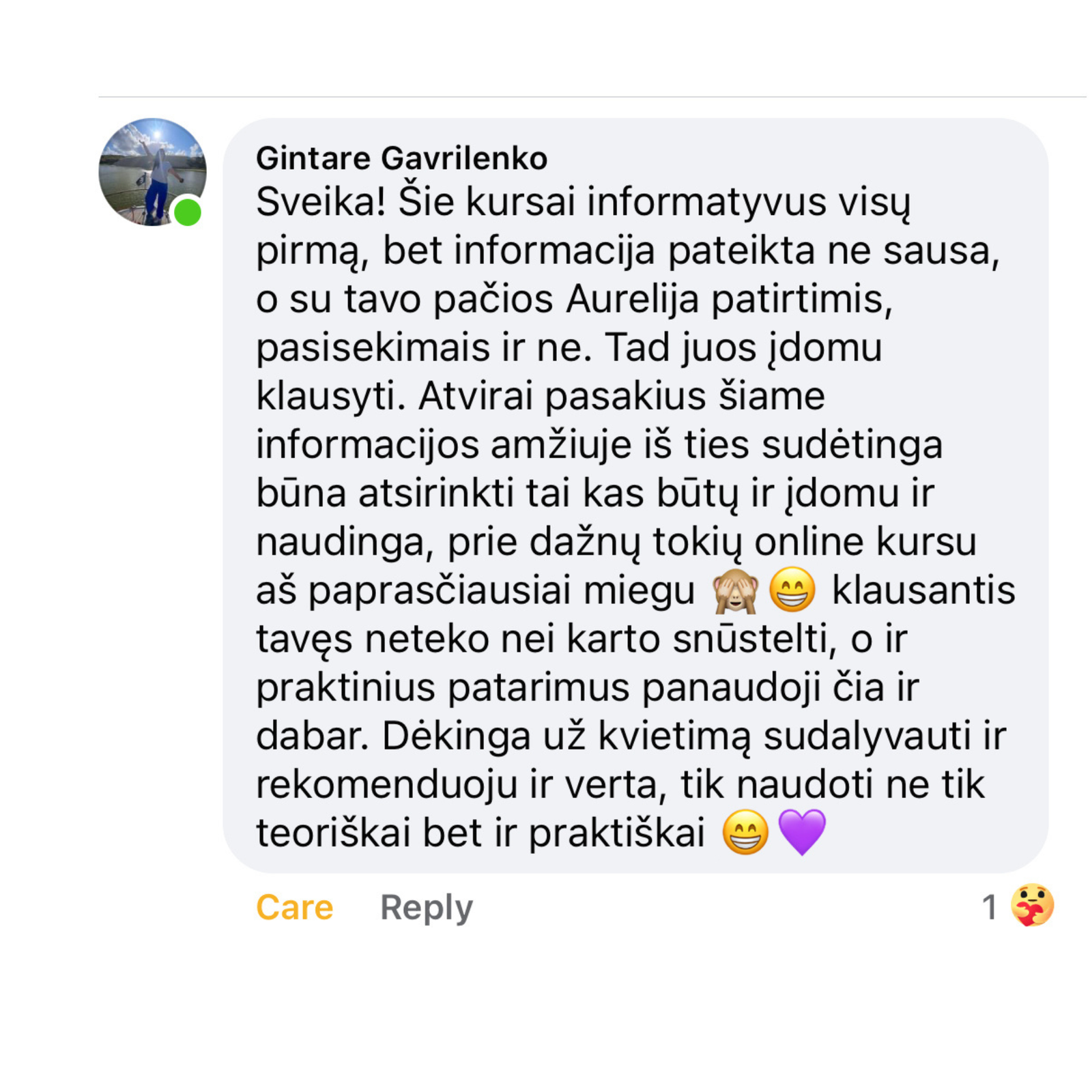 Kurso dalyvės atsiliepimas